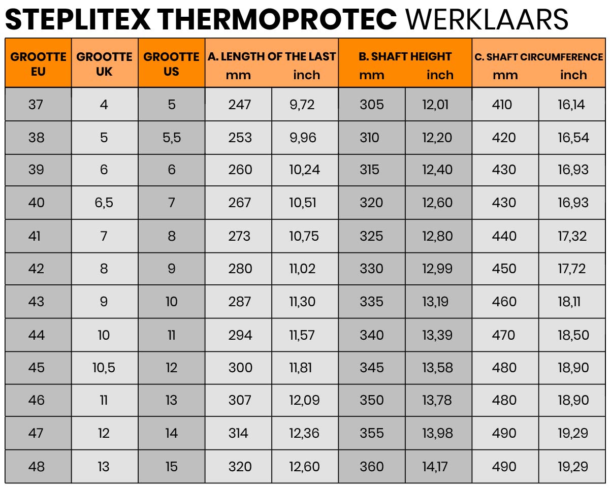 bekina maattabel steplitex thermoprotec