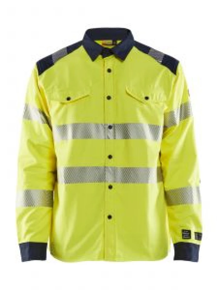 3239-1517 High Vis Work Shirt Fireproof 3389 Yellow_Navy Blåkläder 71Workx Front