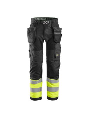 Snickers 6931 FlexiWork, High-Vis Werkbroek+ Holsterzakken, Klasse 1 - Black/Yellow