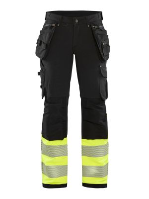 7193-1642 Dames Werkbroek High Vis 4-Weg Stretch - 9933 Zwart/Vis Geel - Blåkläder - voorkant